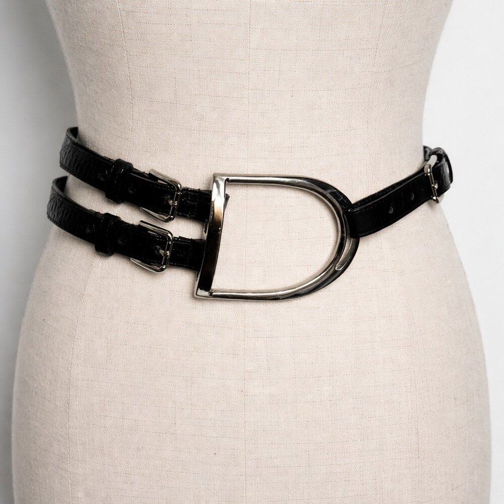 Vintage Equestrian Belt Black Leather Double Strap Horsebit